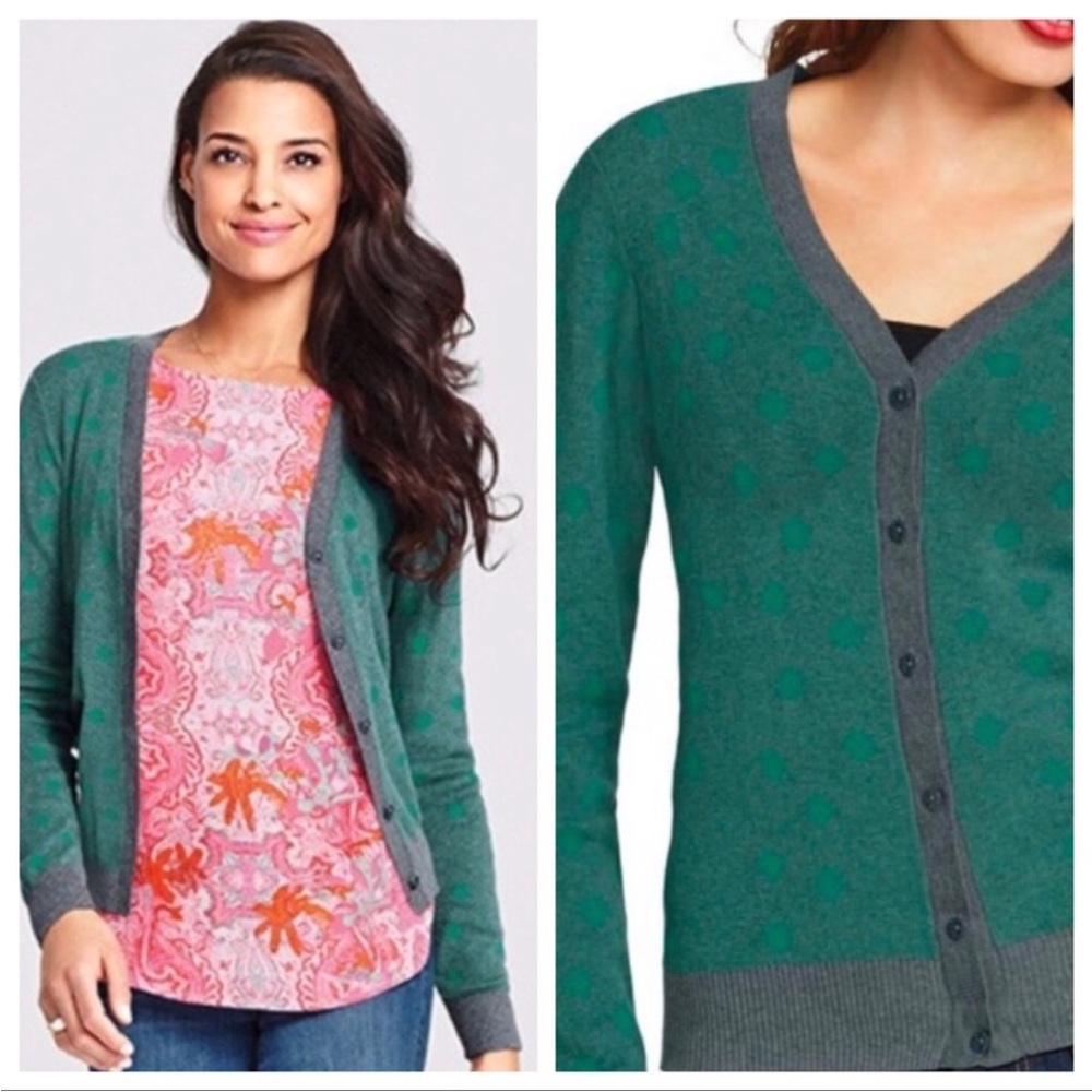 CAbi Green and Gray Polka Dot Cardigan Sweater